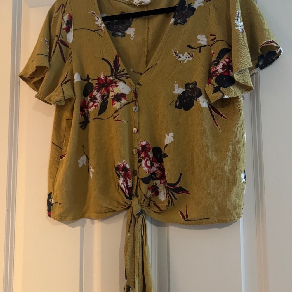 Floral Mustard Tie-Front Blouse